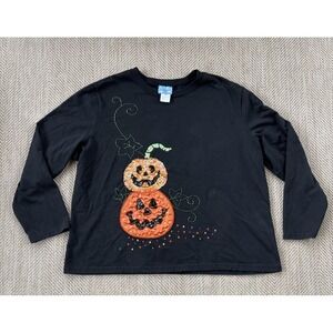 Vintage 90s Cre8ions Womens Halloween Shirt XXXL Black Pumpkin Beaded Sequined